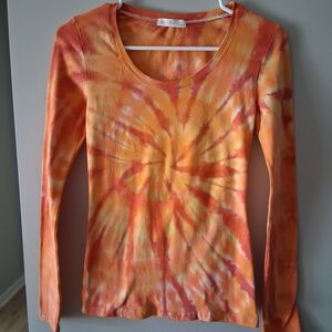 Hand Dyed By Brooke 🧡 Orange and Yellow Tie-Dye Long Sleeve Scoop Neck Top